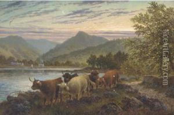 Cattle On The Waters Edge At Brodick, Arran Oil Painting - Albert Dunnington