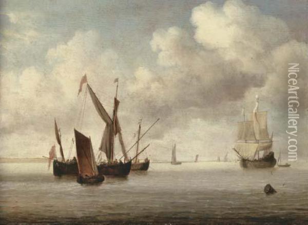 A Galjoot And A Smalschip At 
Anchor Approached By A Small Kaag, Aflute Under Sail And Other Vessels 
Beyond Oil Painting - Willem van de, the Elder Velde