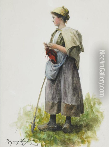 Farm Girl Knitting Oil Painting - Daniel Ridgway Knight