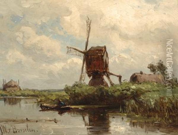 Mill And Farm By Thewater Oil Painting - Jan Willem Van Borselen
