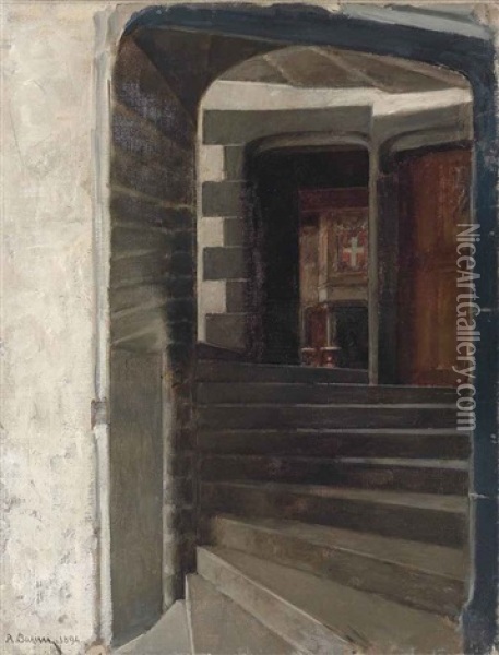 Stairs In The Maniero Di Issogne, Valle D'aosta Oil Painting - Alberto Pasini