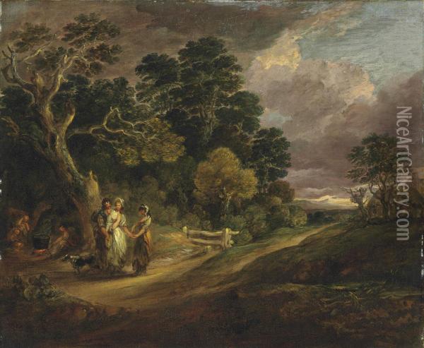 A Wooded Landscape With A Gipsy Fortune Teller Oil Painting - Dupont Gainsborough