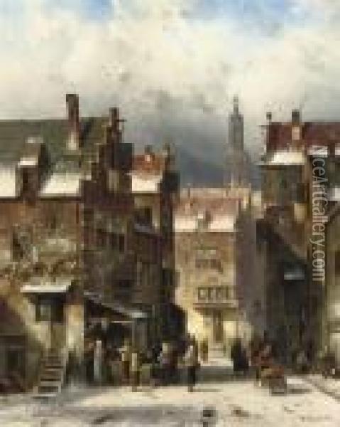 A Busy Street In A Dutch Town In Winter Oil Painting - Charles Henri Leickert