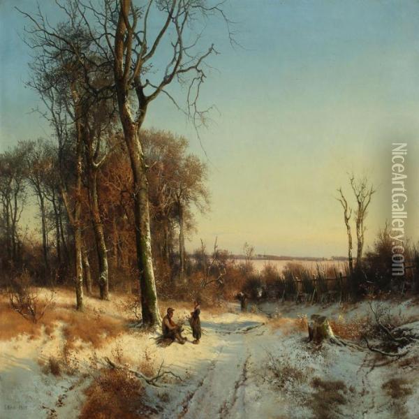 Wintry Forest With A Family Collecting Firewood Oil Painting - Frederik Niels M. Rohde