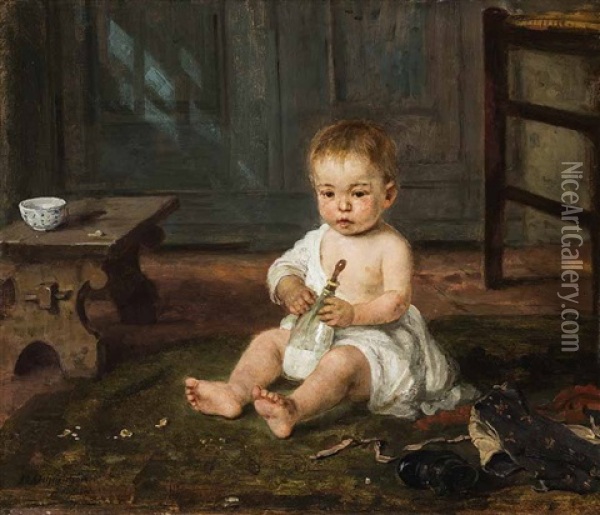 Sitzendes Kleines Kind Mit Einer Milchflasche In Der Hand Oil Painting - Hugo Oehmichen
