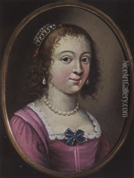 A Portrait Of A Lady Wearing A Pink Dress With Pearl Jewellery And Bonnet Oil Painting - Jacob Frans van der Merck