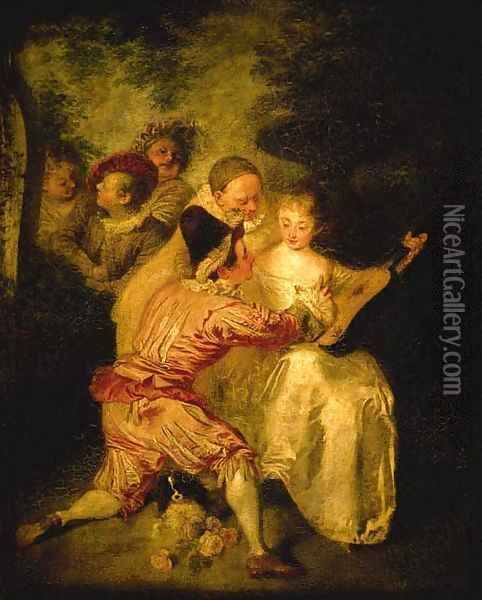 Le Conteur Artists from the Commedia dell'Arte in a landscape Oil Painting - Jean-Antoine Watteau