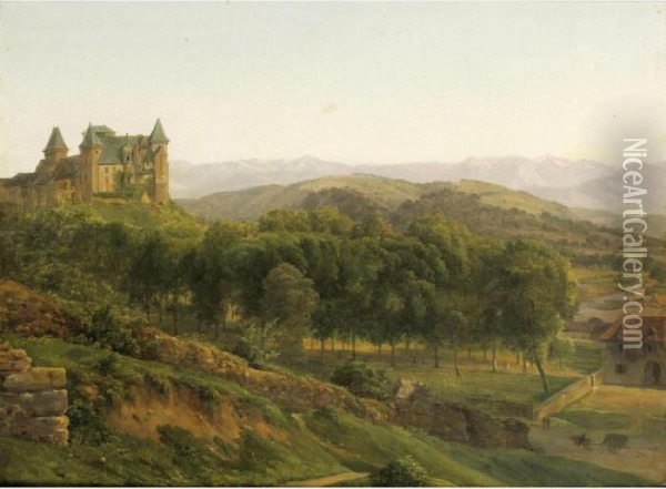 Le Chateau D'henri Iv A Pau [alexandre-louis-robert Millin Du Perreux ; Castle Of Henry Iv In Pau ; Oil On Canvas Titled Lower Left 