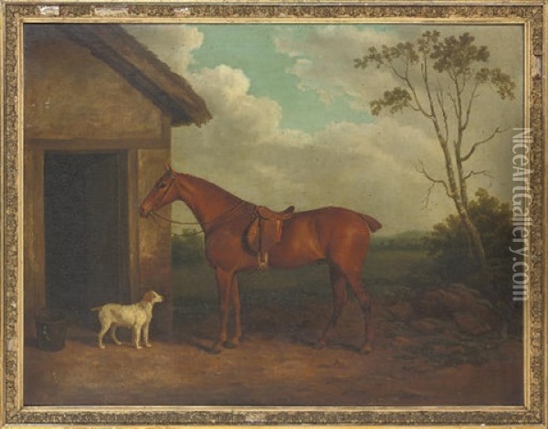 A Chestnut Hunter And Hound Outside A Stable Oil Painting - James Barenger the Elder