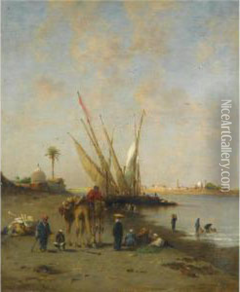 Felouques Et Chameliers Au Bord Du Nil Oil Painting - Narcisse Berchere