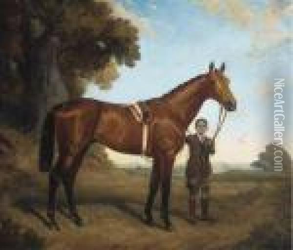 A Bay Racehorse Held By A Groom Oil Painting - James Lynwood Palmer