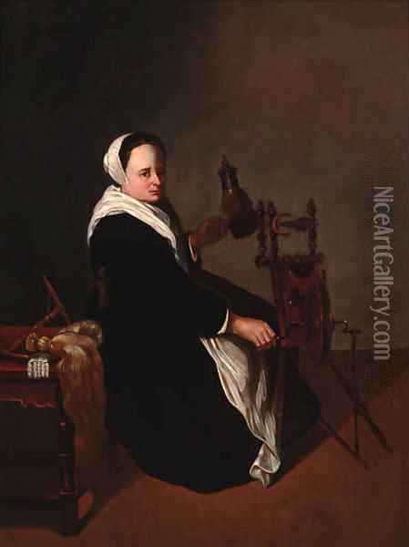 A woman spinning in an interior Oil Painting - Dutch School