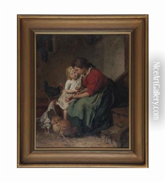 Mother And Child With Three Roosters Oil Painting - Felix Schlesinger