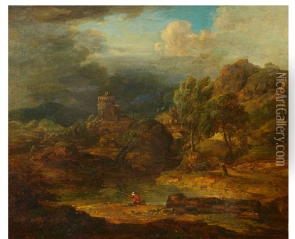 Stormy Landscape With An Angler Oil Painting - Christian Georg Schuetz the Younger