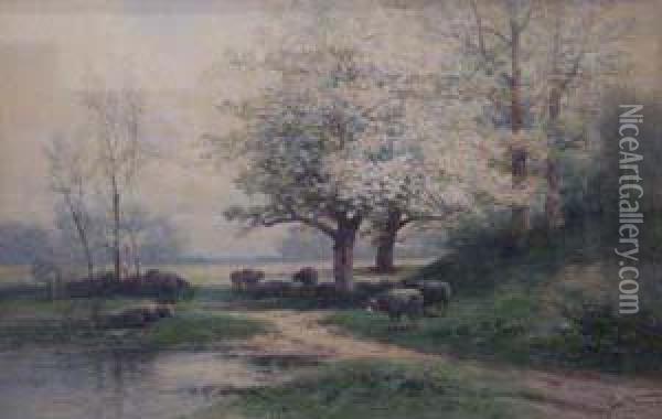 Sheep By A Brook In A Landscape Oil Painting - Carl Weber