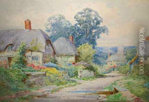 Thatched Cottages With Flower Gardens And Country Path In A Landscape Oil Painting - Henry Stannard
