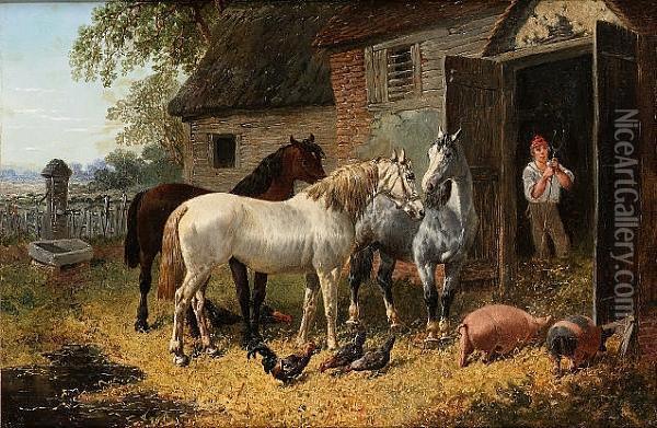 Three Horses Outside A Stable Oil Painting - John Frederick Herring Snr
