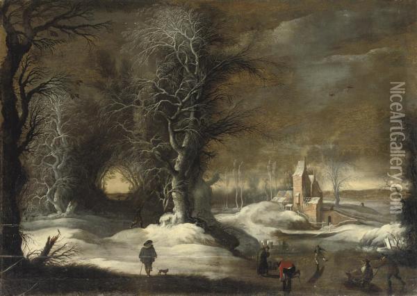 A Winter Landscape With Figures Sleighing And Skating Oil Painting - Gijsbrecht Leytens
