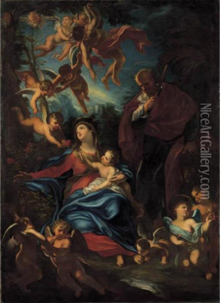 Sacra Famiglia In Un Paesaggio Con Angeli Oil Painting - Paolo Girolamo Piola