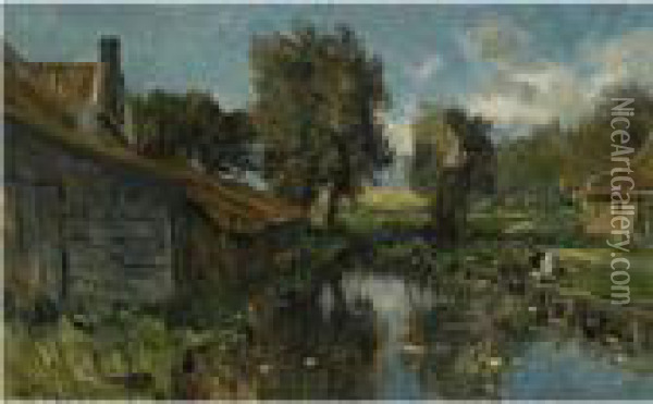 Farms On The Waterfront Oil Painting - Willem Roelofs