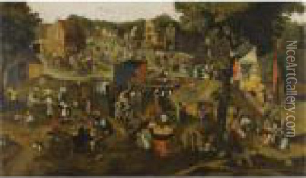 A Performance Of The Farce 
Een Cluyte Van Plaeyerwater
 ('a Clod From A Plaeyerwater') At A Flemish Village Kermesse Oil Painting - Pieter The Younger Brueghel