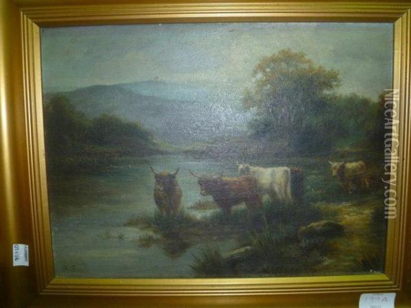 Cattle Drinking From A River Oil Painting - Frederick, Fred French