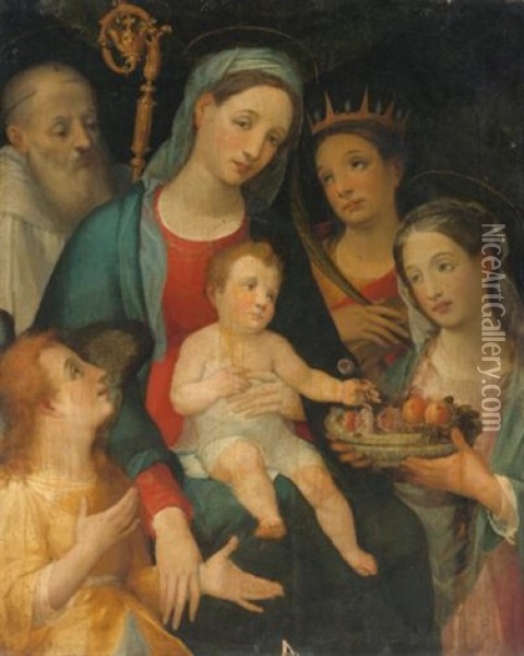 The Madonna And Child With Saints Benedict And Flavia, Together With The Sister Of Placidus Holding A Bowl Of Fruit And Flowers, Attended By An Angel Oil Painting - Alessandro Casolani