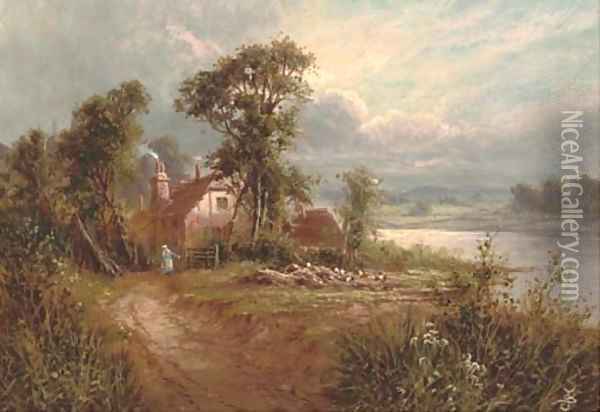 A figure outside a country cottage beside a river Oil Painting - Sidney Yates Johnson