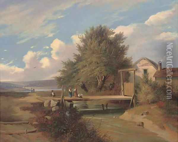 Anglers on a bridge Oil Painting - Camillo Hackensollner