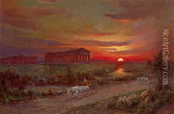Blick Auf Den Tempel Von Paestum Oil Painting - Max Usadel
