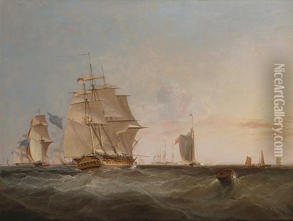 The Former Royal Yacht 'royal George' Reducing Sail As She Enters A Fleet Anchorage Oil Painting - George Cambers