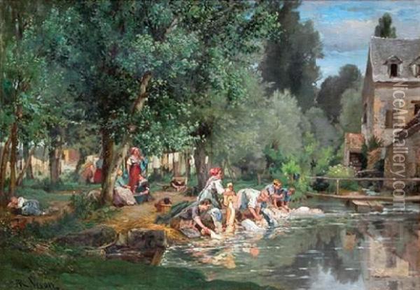Les Lavandieres Pres Du Petit Pont. Oil Painting - Alexandre Rene Veron