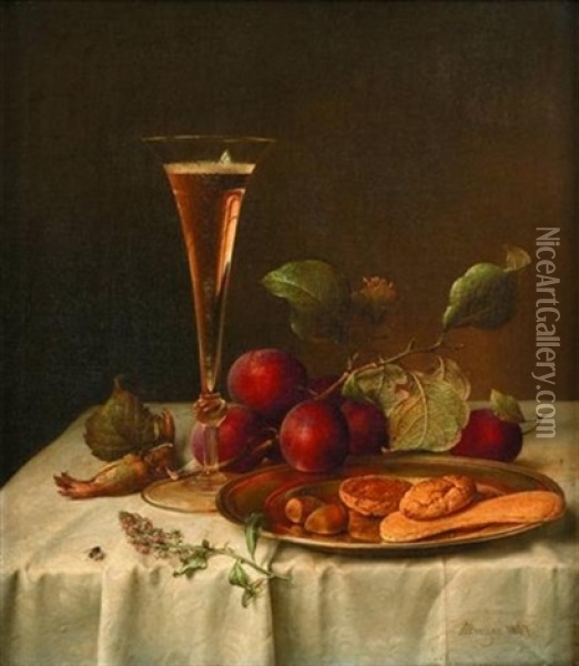 Still Life With Champagne Flute And Wild Plums Oil Painting - Johann Wilhelm Preyer