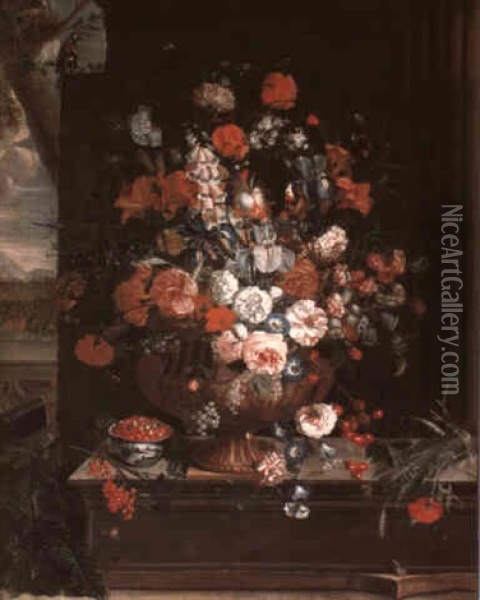 Still Life Of Flowers In A Terracotta Urn, Cherries, Redcurrants And Fraises De Bois On A Stone Ledge With A This Oil Painting - Pieter Hardime