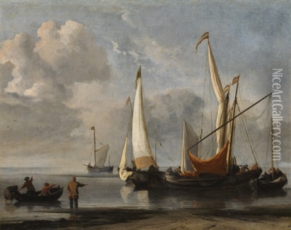 Small Dutch Vessels In A Light Breeze Anchored Off A Beach Oil Painting - Willem van de Velde the Younger