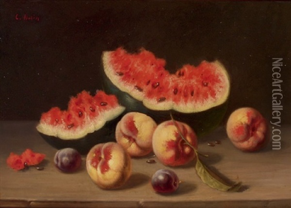 Fruchtestillleben Mit Melonenstucken, Pfirsichen Und Zwetschgen Oil Painting - Charles Hutin