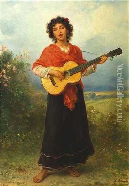Gitarre Spielendes Madchen In Sudlandischer Kleidung Vor Sommerlichem Landschaftshintergrund Oil Painting - Ludwig Knaus