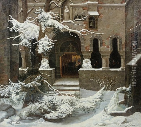 Monastery In Winter Oil Painting - Edwin Deakin