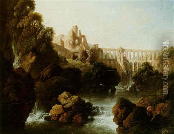 An Italianate River Landscape With Ruins, An Aqueduct And Waterfalls Oil Painting - Christian Wilhelm Ernst Dietrich