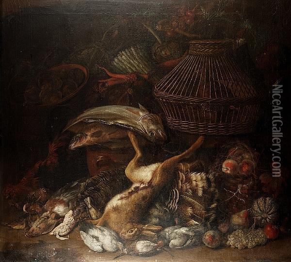 Peaches In A Basket With A Dead 
Hare, Turkey, And Game Birds, With Two Fish On An Earthenware Jar, A 
Chicken Basket, Oysters In An Earthenware Dish, Asparagus, Carrots, 
Artichokes And Other Vegetables In A Basket And On A Shelf Above, A 
Negro Boy  Oil Painting - William Sartorius