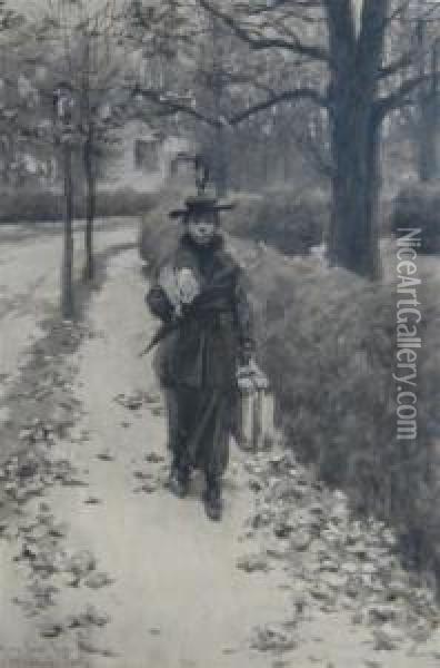 Leaving (woman With Suitcase) Oil Painting - Arthur Burdett (Sr.) Frost