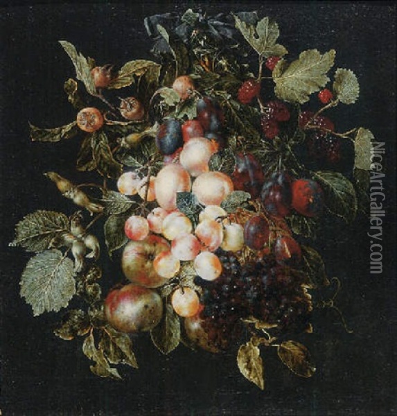 A Swag Of Fruit Hanging From A Nail Against A Grey Wall Oil Painting - Jan van Kessel the Elder