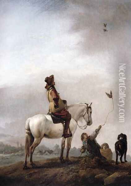Gentleman on a Horse Watching a Falconer Oil Painting - Philips Wouwerman
