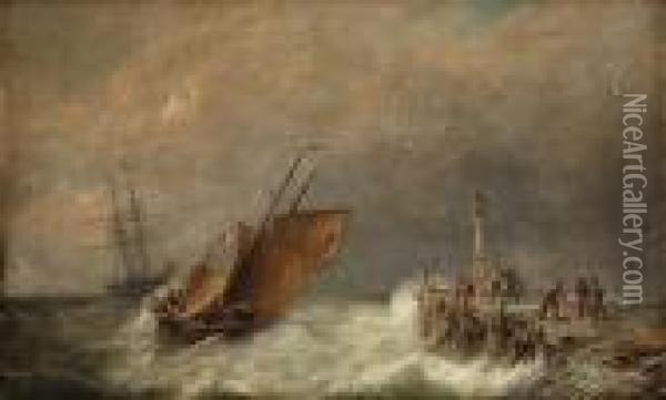 Entering Harbour, Stormy Weather Oil Painting - Pieter Cornelis Dommershuijzen