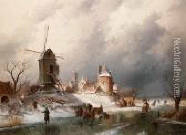 Winter Landscape With Figures On A River By A Village Oil Painting - Charles Henri Leickert