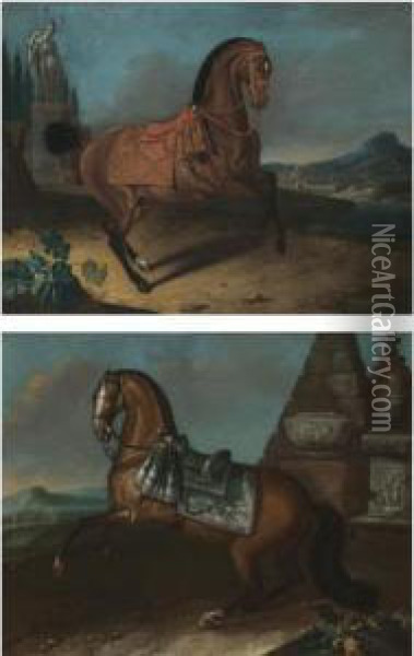 A Pair Of Portraits Of Saddled Bay Stallions In A Landscape Oil Painting - Ferdinand Phillip de Hamilton