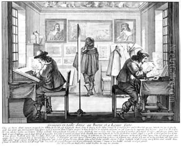 Plate engravers working with gallery behind Oil Painting - Abraham Bosse