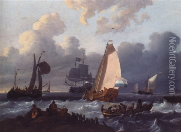 Eine Statenyacht Und Andere Boote Auf Bewegter See Vor Einer Hafenzufahrt Oil Painting - Wigerus Vitringa
