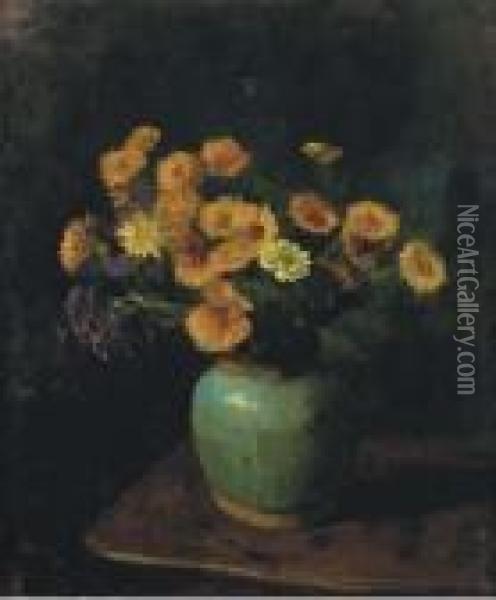 Yellow Flowers In A Vase Oil Painting - Jacob Simon Hendrik Kever