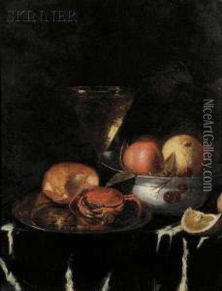 Still Life With Crab, Fruit, Bread, And Wine Glass On A Draped Table Oil Painting - Abraham Hendrickz Van Beyeren